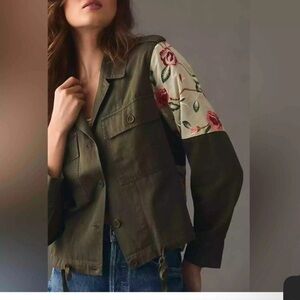 Anthropologie tiny green embroidered utility military jacket. Medium